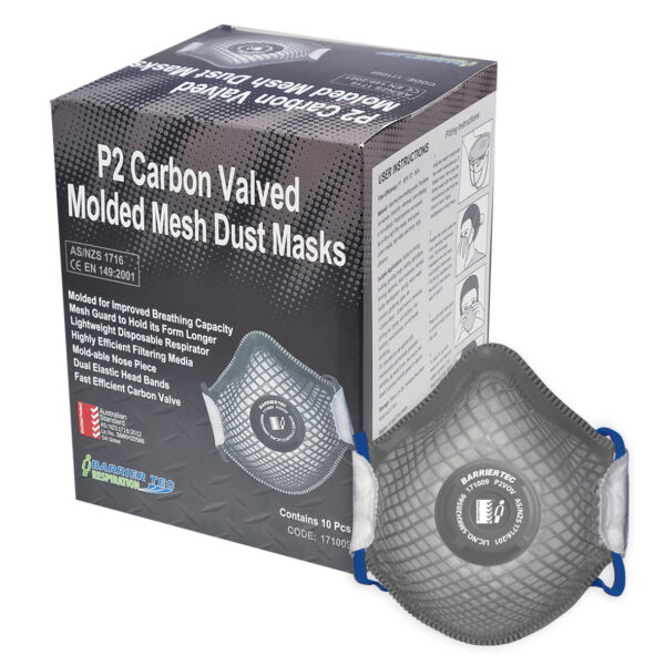 Disposable Molded Mesh P2V Dust Mask with Active Carbon Filter - Box of 10
