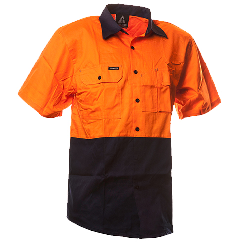 Safe-T-Tec: Short Sleeve Cotton Shirt. Orange/Navy