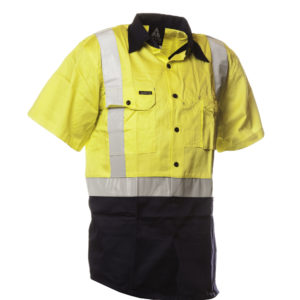 Short Sleeve Cotton Shirt. Yellow/Navy. Day/Night