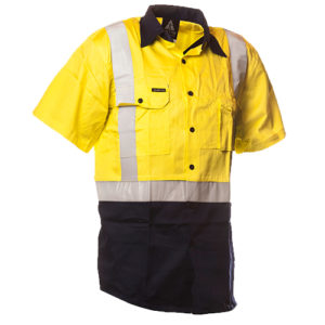 Safe-T-Tec: Short Sleeve Cotton Shirt. Yellow/Navy Day/Night