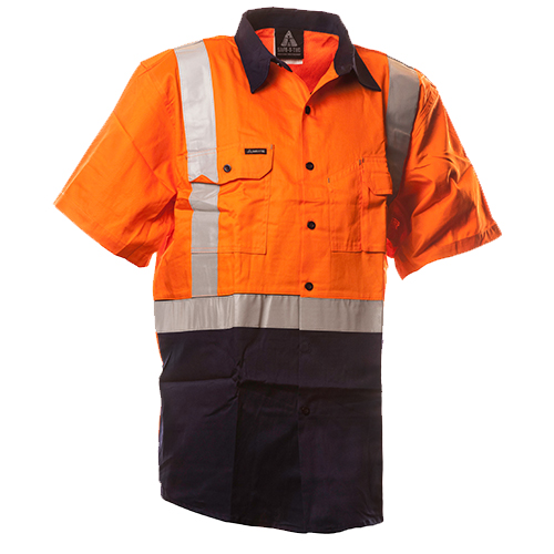 Safe-T-Tec: Short Sleeve Cotton Shirt. Orange/Navy. Day/Night